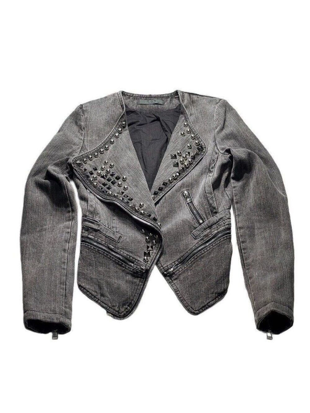 TOV HOLY G Denim Jacket Gray Cotton Embellished Moto Jean Jacket Women's Size S - Picture 7 of 16